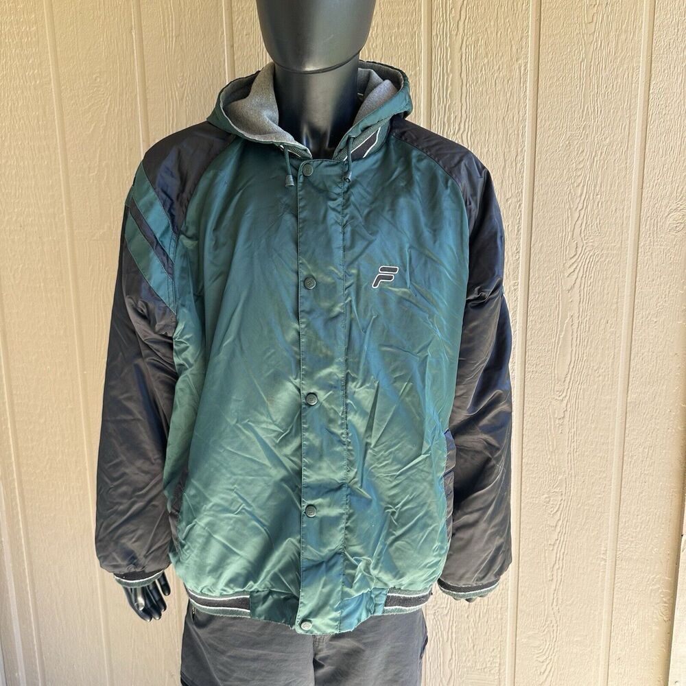 Vintage 90s Fila Bomber Jacket Mens XXL Green Puffer Hooded Embroidered